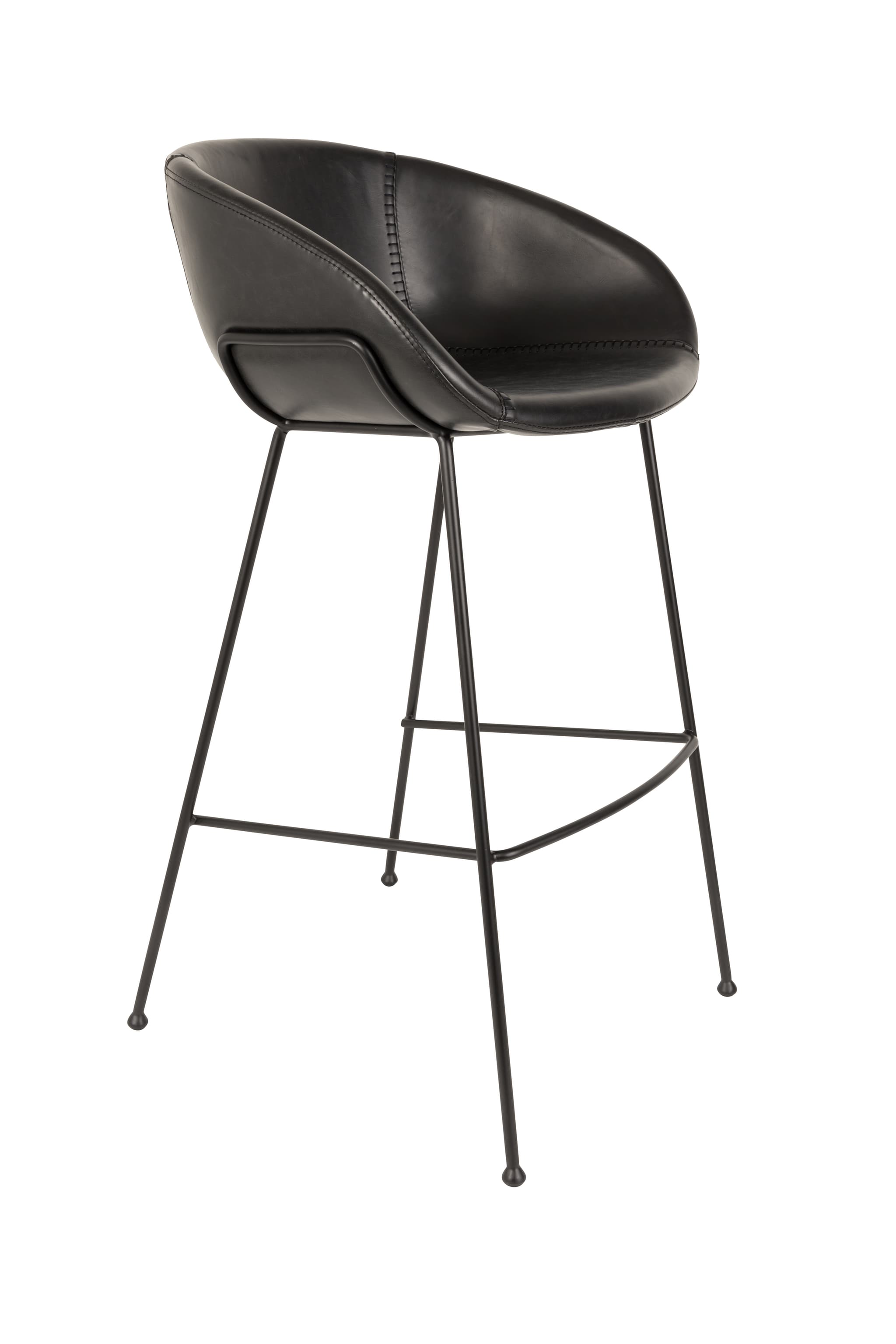 ZUIVER Feston barstol, med ryggstöd, armstöd och fotstöd - svart PU och svart stål (76cm)
