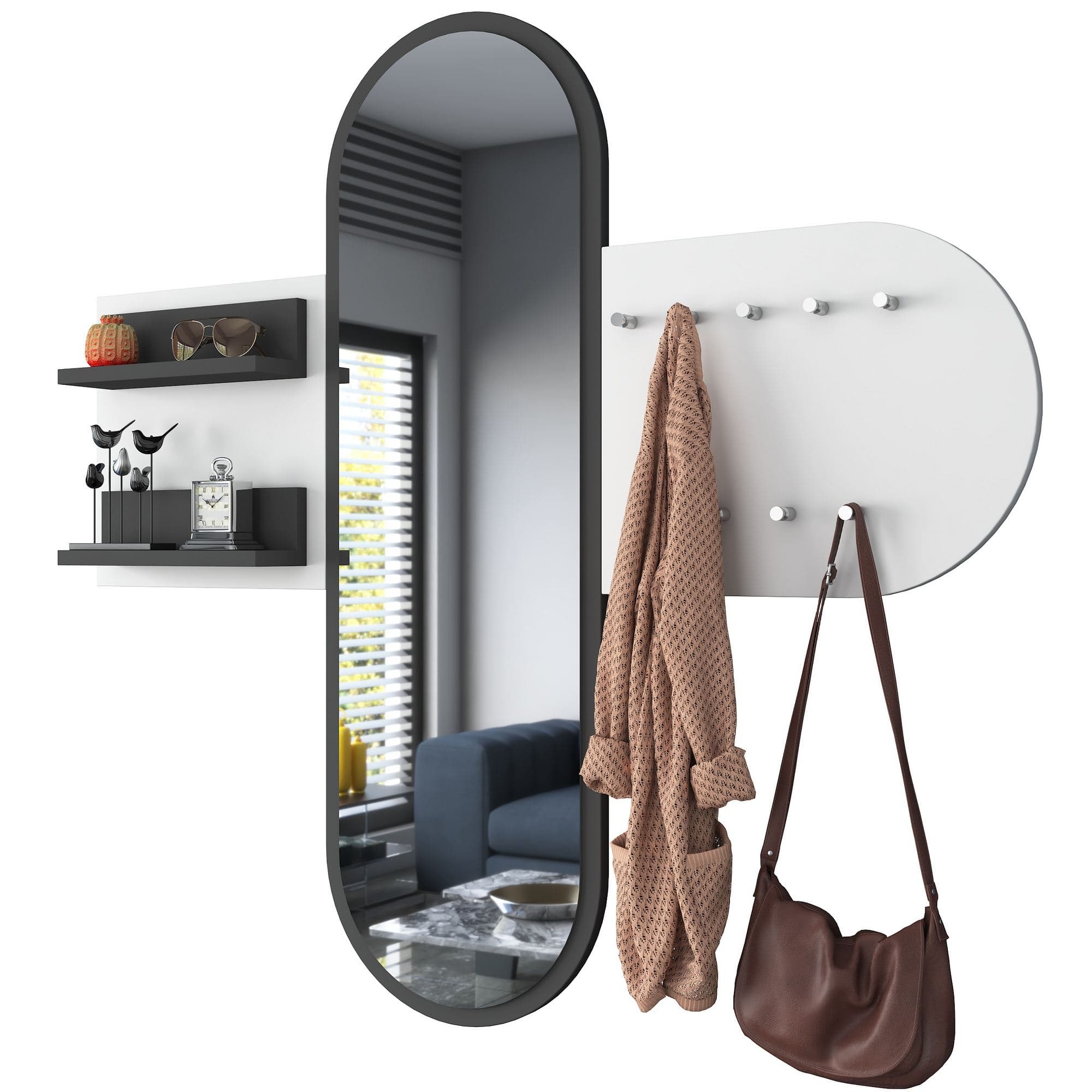 FUNZI LIVING P3 entrémöbelset, med spegel, 9 krokar och 2 hyllor - vit melamin
