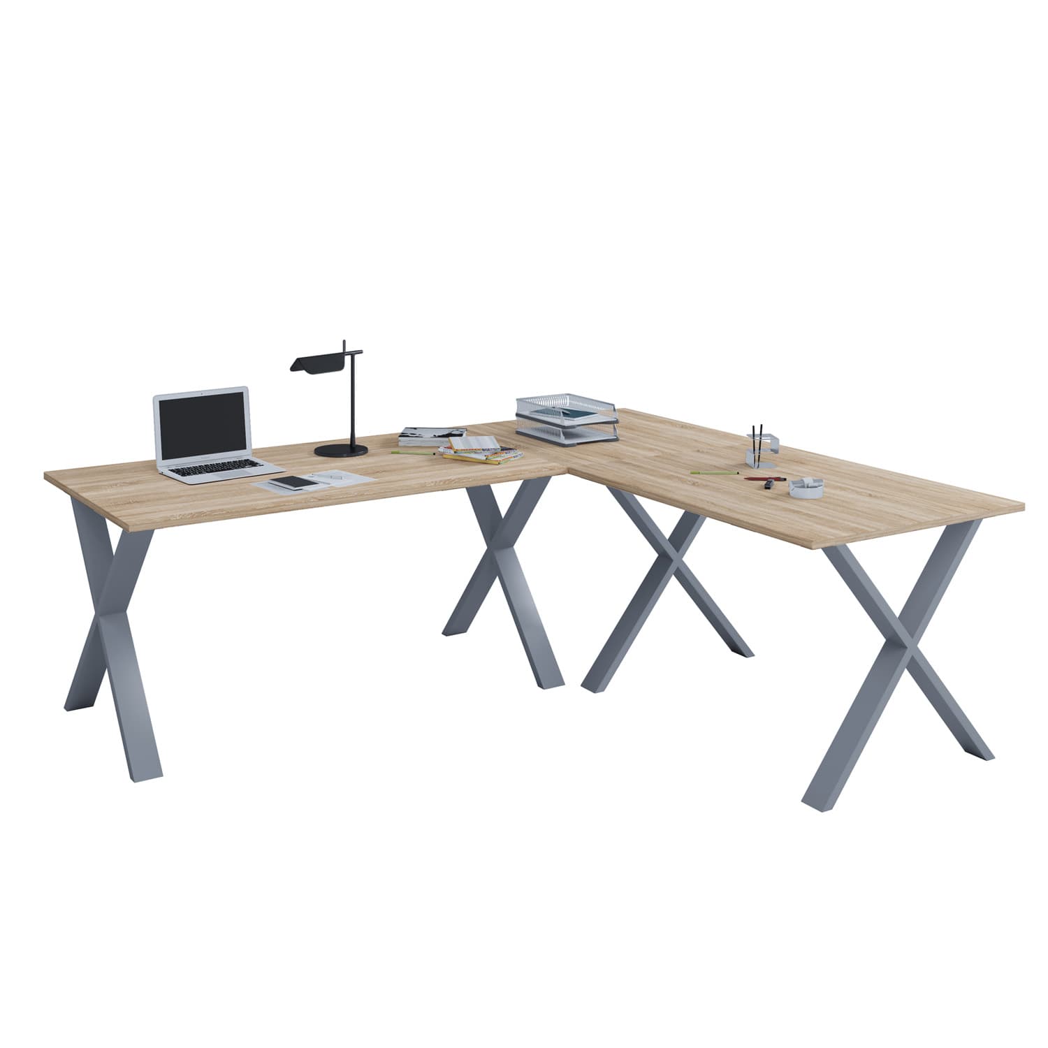 VCM NORDIC Lona X-feet hörnskrivbord - natur trä och silvergrå metall (160x160x80)