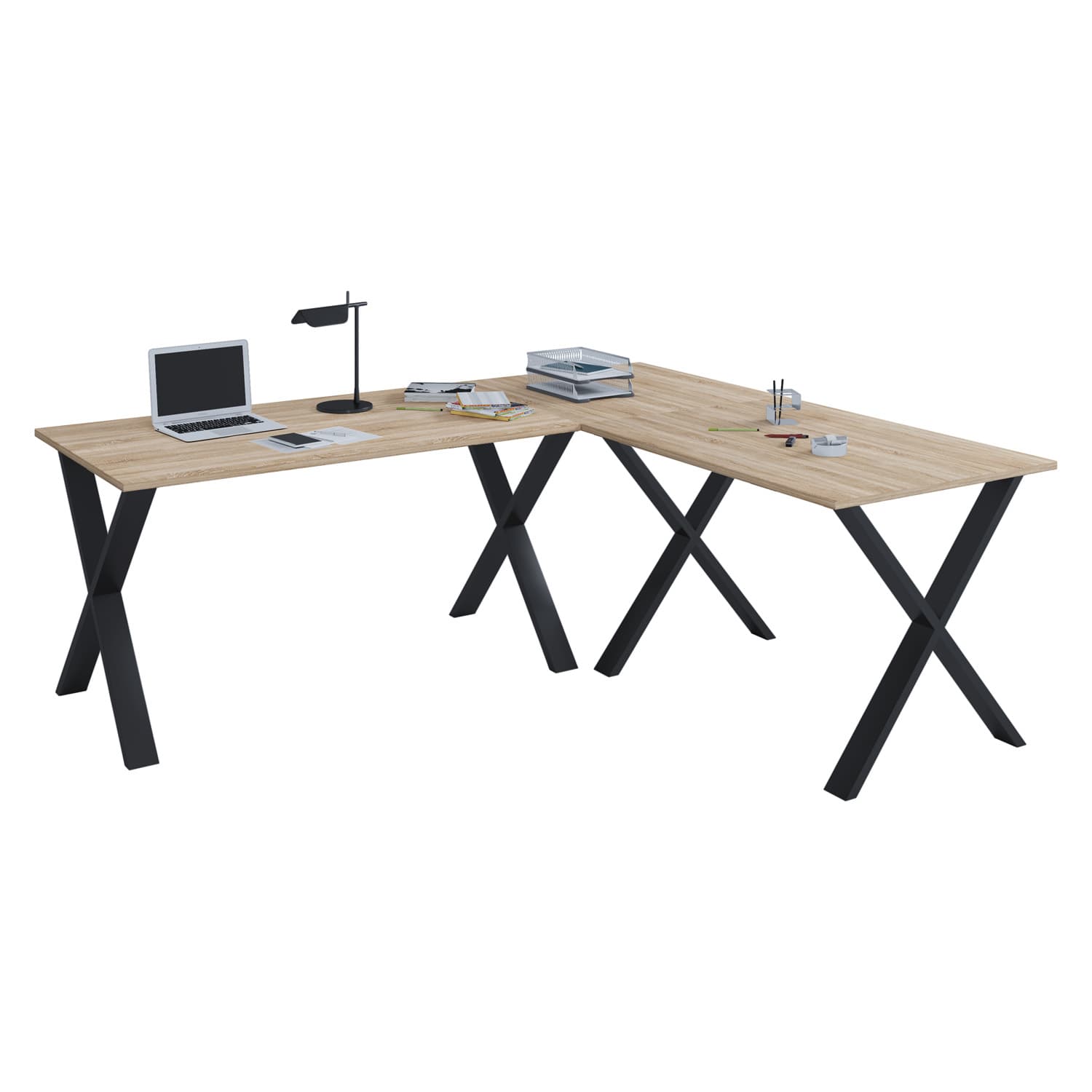 VCM NORDIC Lona X-feet hörnskrivbord - natur trä och svart metall (160x160x50)