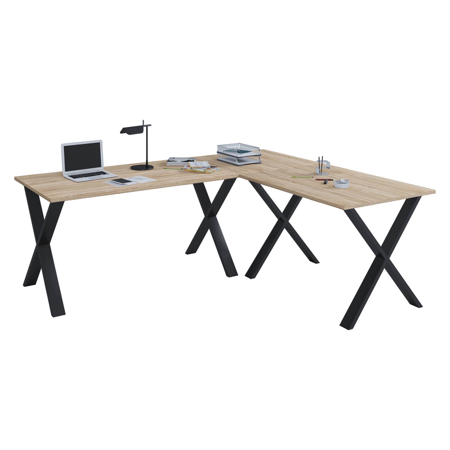 VCM NORDIC Lona X-feet hörnskrivbord - natur trä och svart metall (190x190x50)