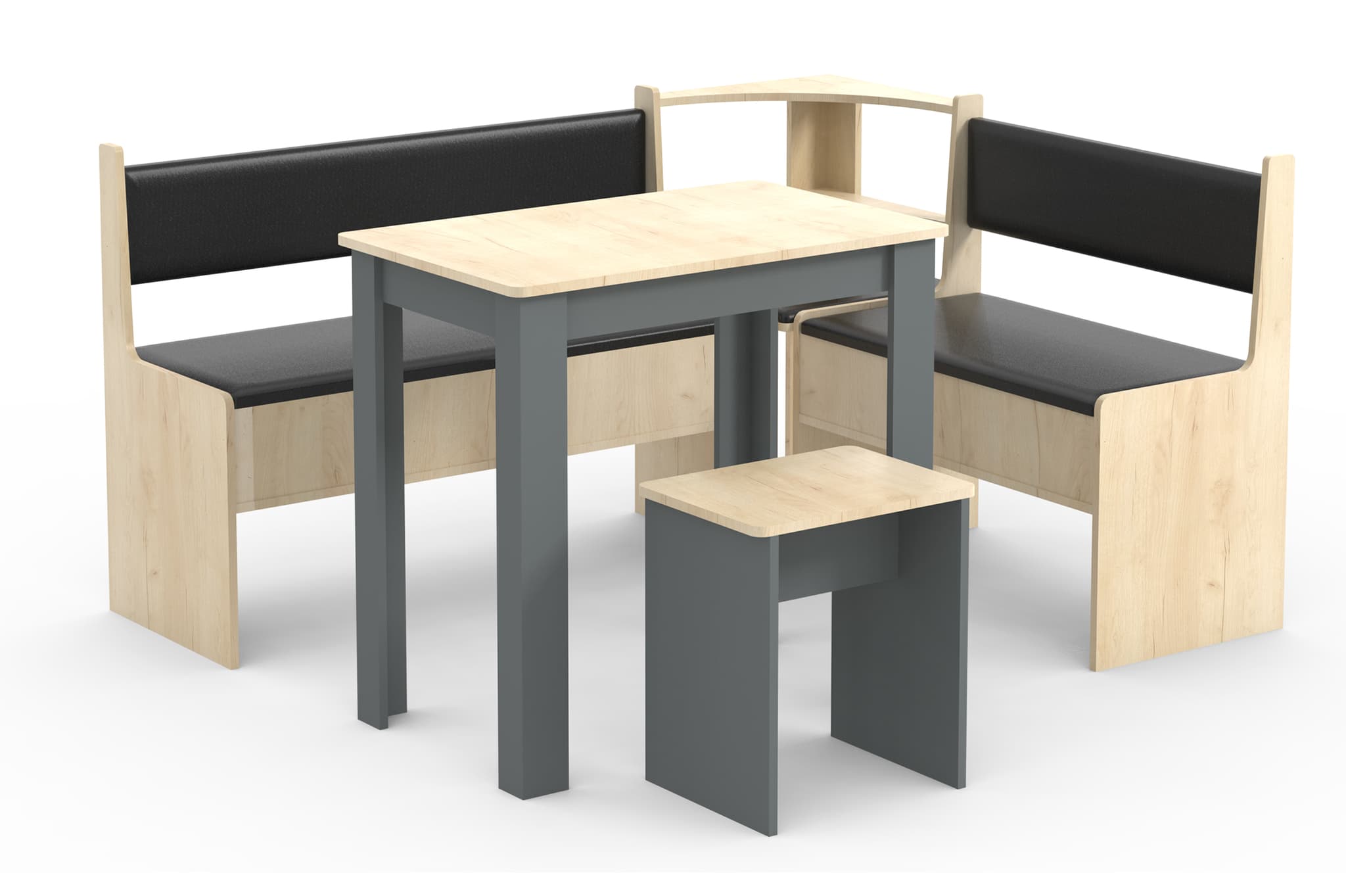 VCM NORDIC Esal Mini hörnbänkset, w. 1 bord, 2 bänkar, 1 pall - naturligt och antracitgrått trä