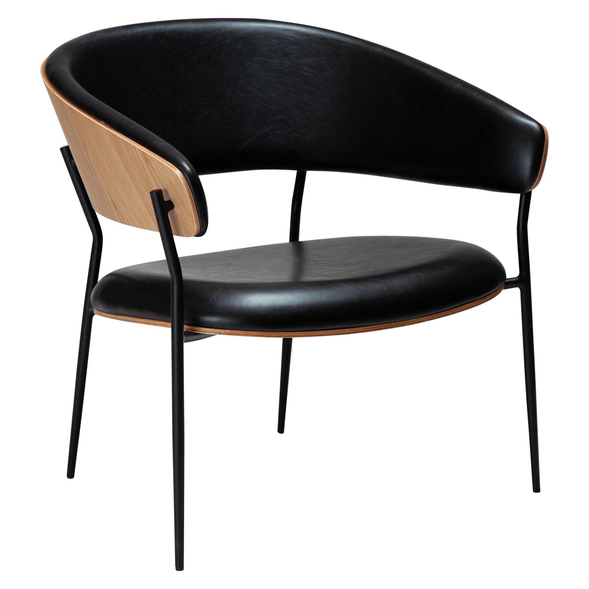 DAN-FORM CRIB Loungefåtölj Vintage svart konstläder och ekfaner med svarta metallben