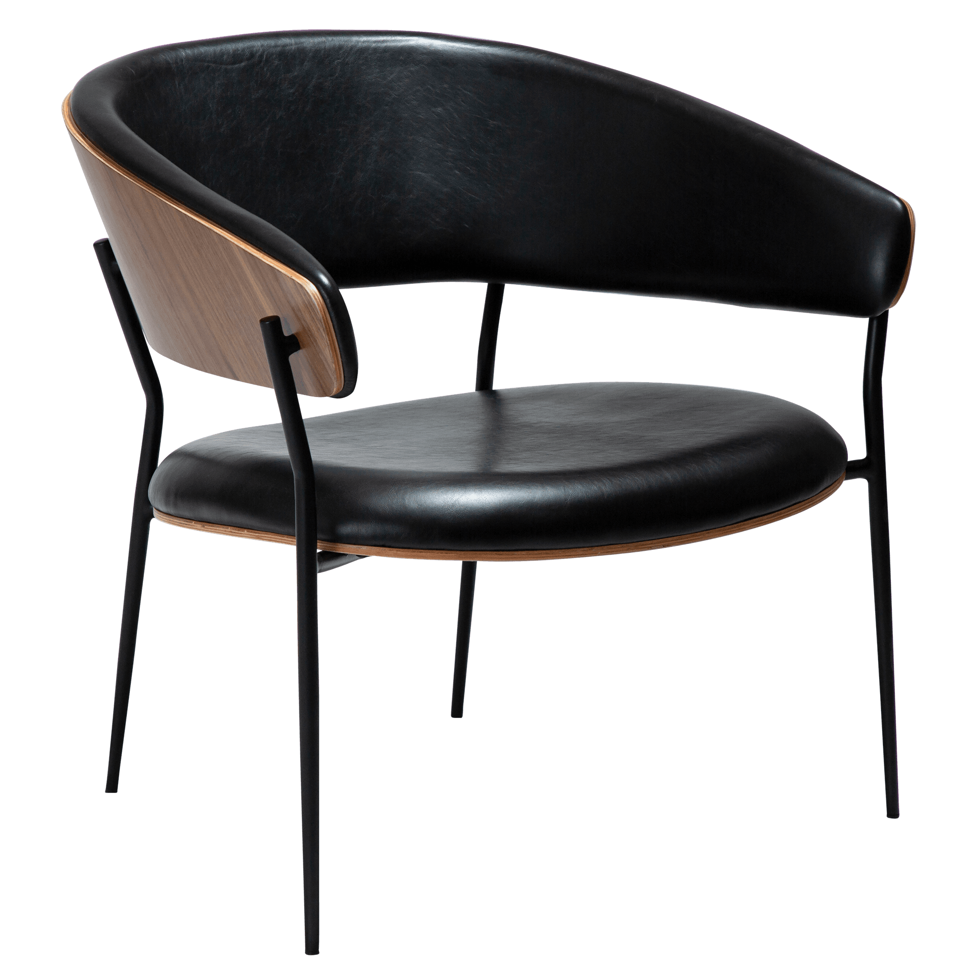 DAN-FORM CRIB Loungefåtölj Vintage svart konstläder och valnötsfaner med svarta metallben