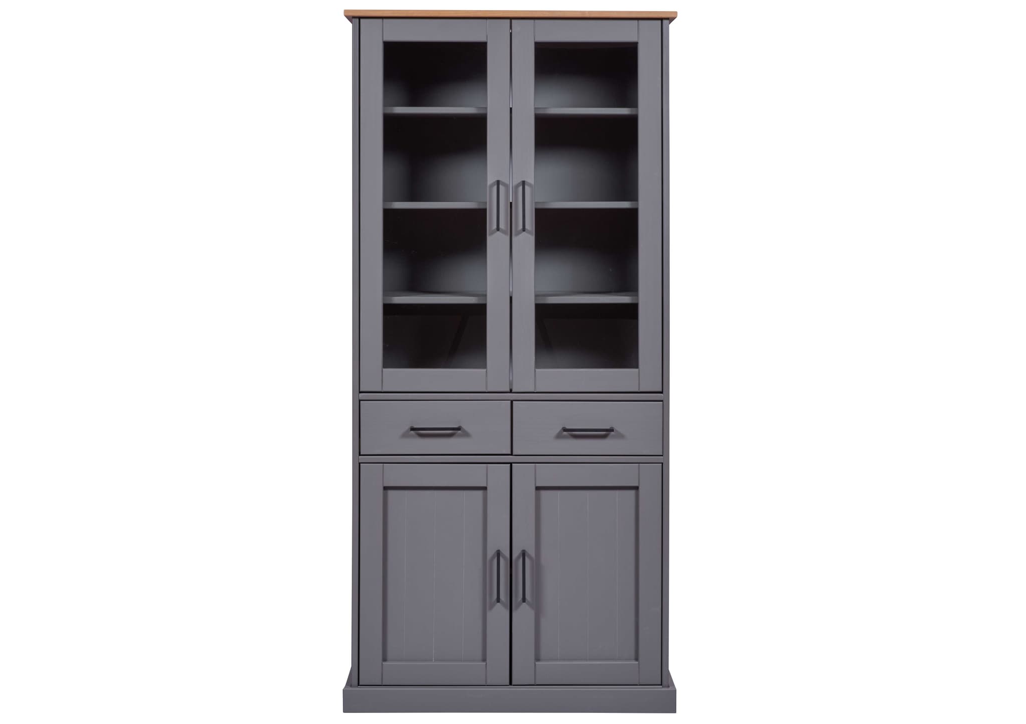 NORDIC LIVING COLLECTION Massiv furuvitrin i lantlig stil med 4 dörrar och 2 lådor i grå eklack