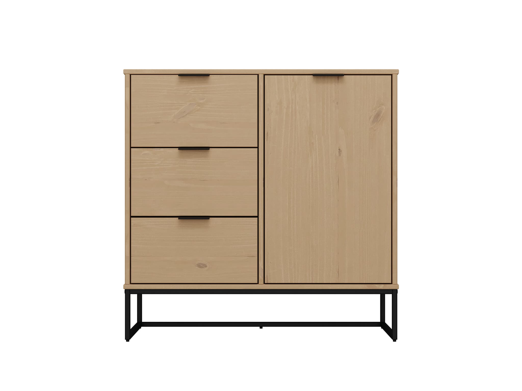 NORDIC LIVING COLLECTION Modern byrå tillverkad av massiv furu, lackerad i Oak Colori. Stabilt stativ tack vare svart metallram, högkvalitativa svarta metallhandtag, gott om förvaringsutrymme med 3 lådor, 1 dörr med hyllplan.