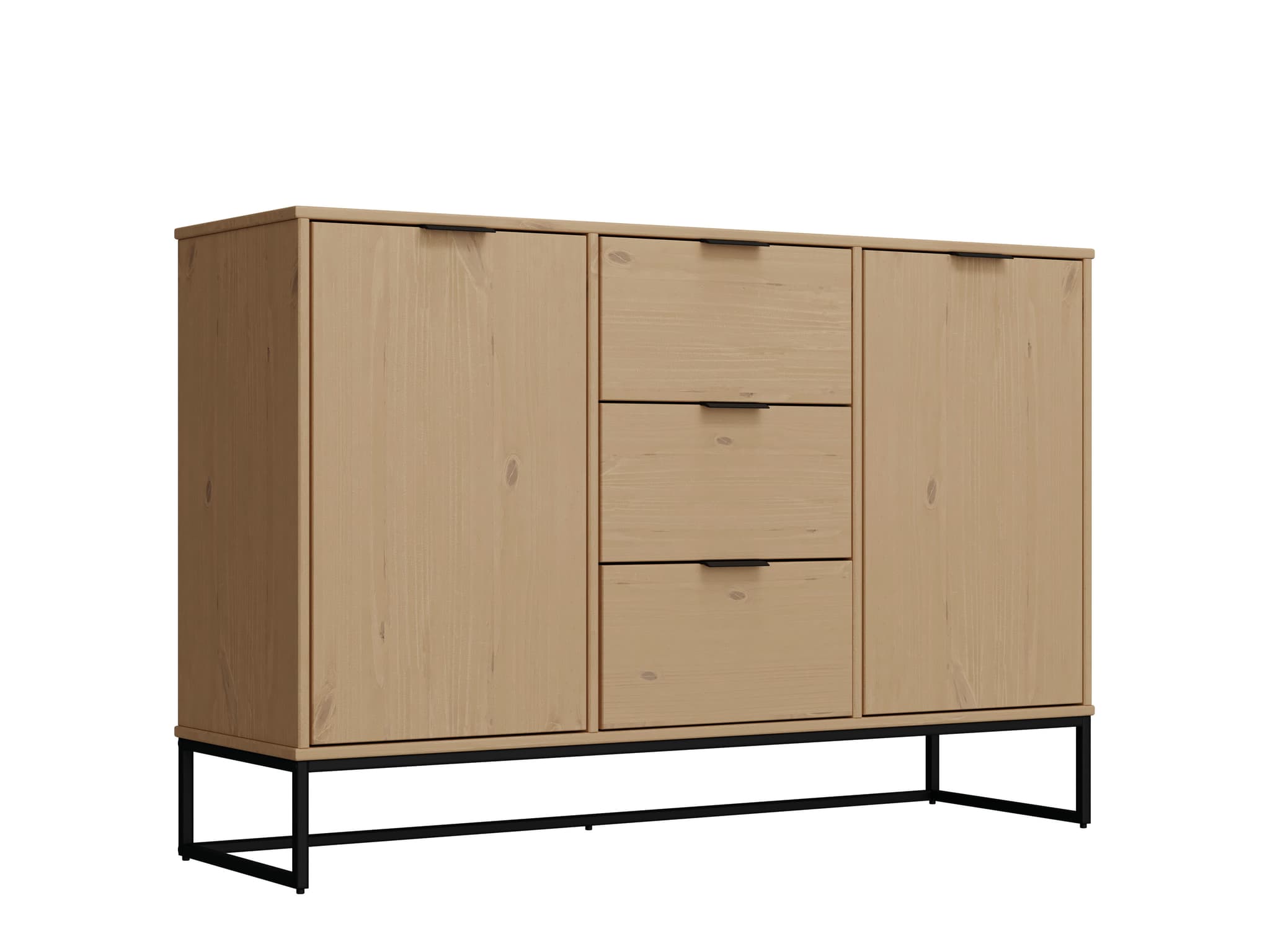 NORDIC LIVING COLLECTION Modern byrå tillverkad av massiv furu, lackerad i Oak Colori. Stabilt stativ tack vare svart metallram, högkvalitativa svarta metallhandtag, gott om förvaringsutrymme med 3 lådor, 2 dörrar med en hylla inuti.