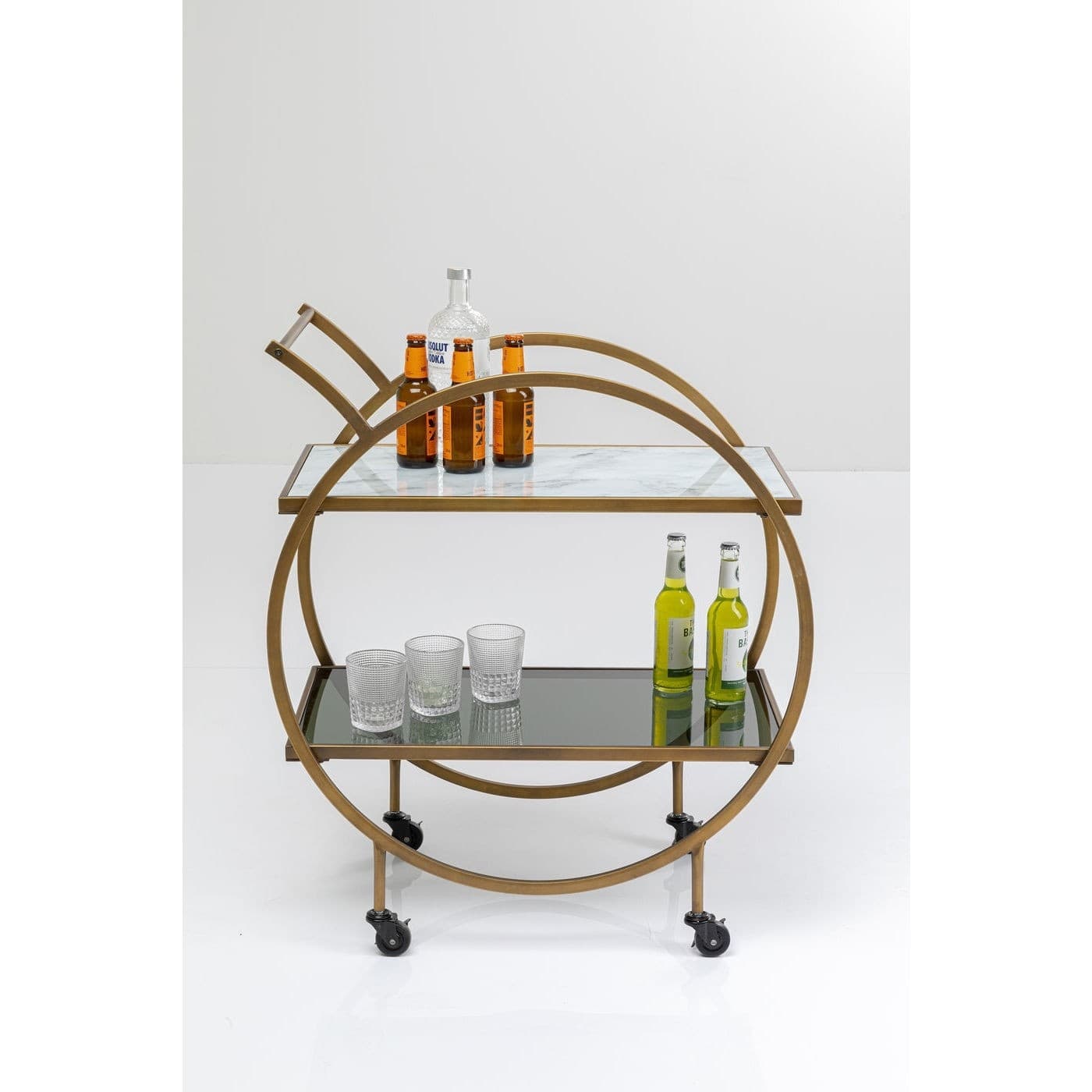KARE DESIGN Loft Rullbord - Mässingsstål / Ljusgrå Laminat / Färgat Glas, Handgjord, med Hjul och Hylla