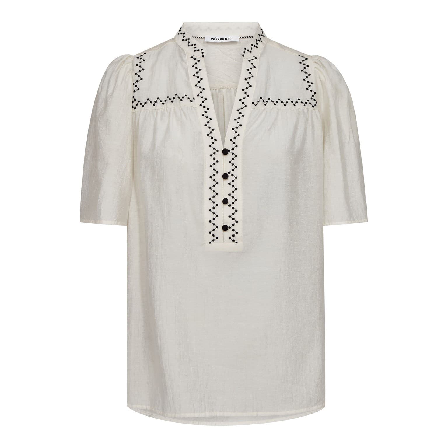 Co'couture NotisCC SS Blouse - Offwhite bluse med sort broderi 45064 Offwhite