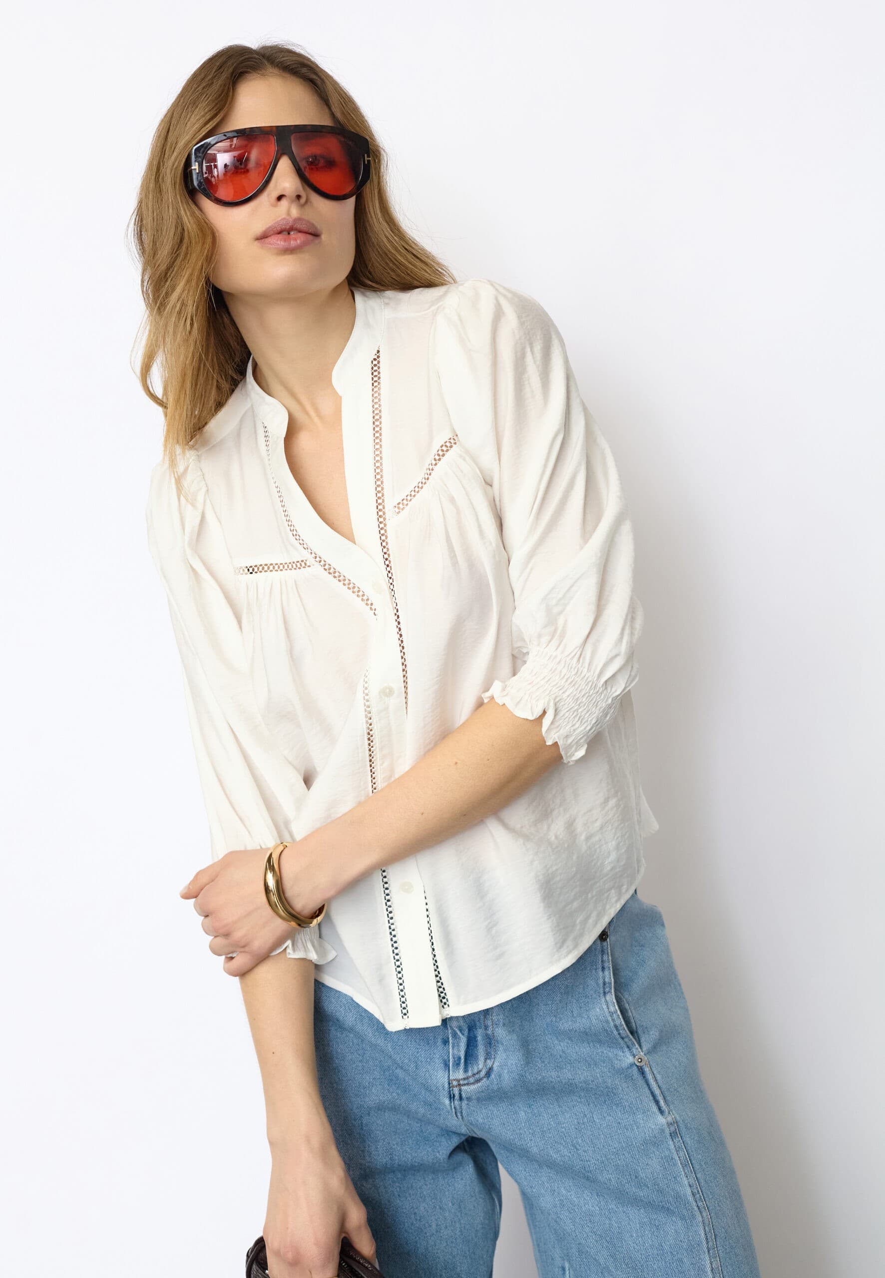Co'Couture CallumCC Lace Puff V-Shirt - Hvid skjorte bluse 45173 White