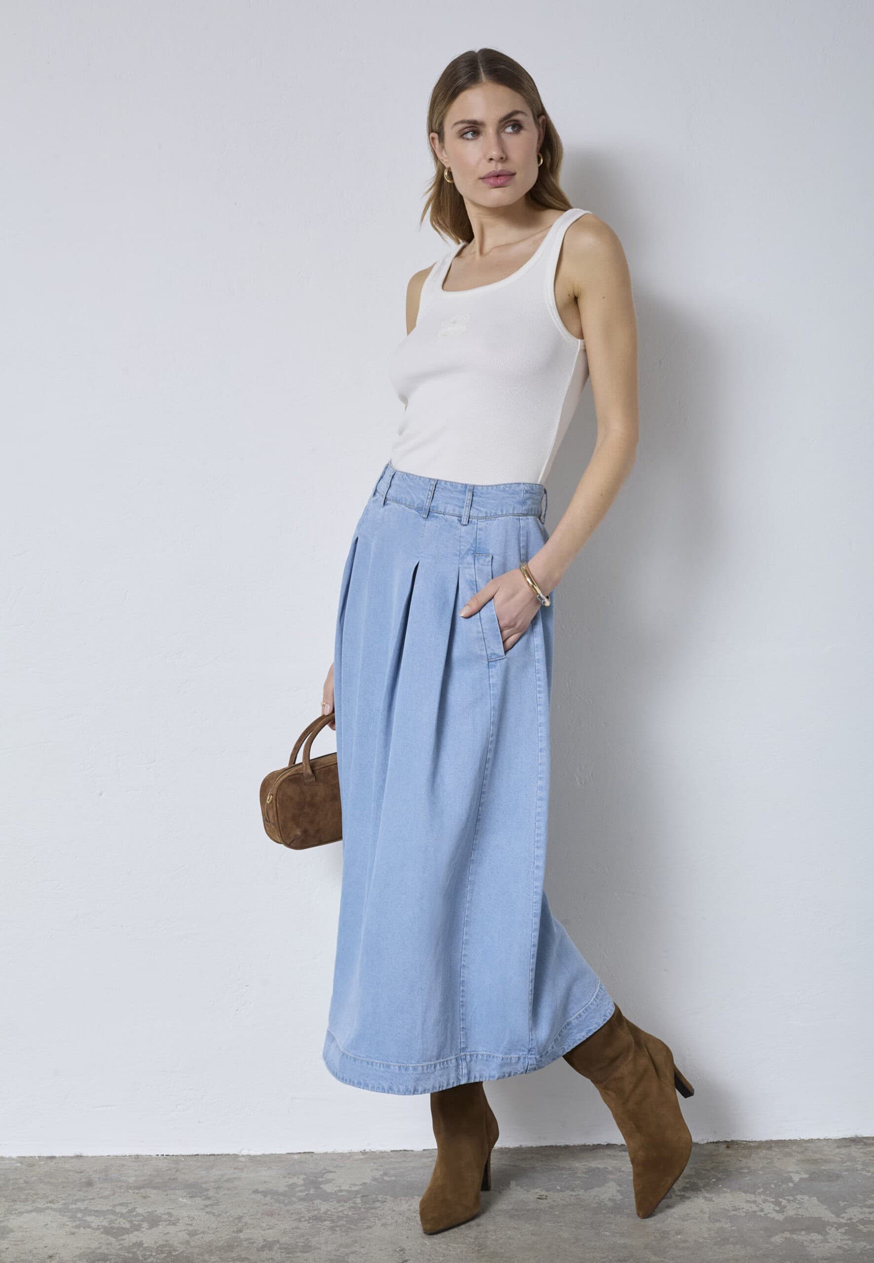 Co'couture TillyCC Anya Denim Pleat Skirt - Lyseblå denim nederdel 44017 Fade Denim