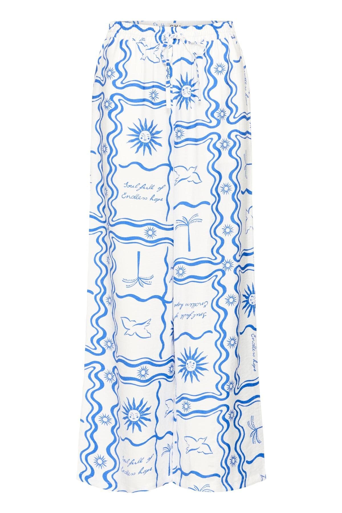 ICHI IHFIRISA PA - Hvid buks med blåt mønster 20125940 Blue Tile Print