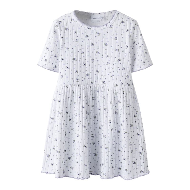 Name It Mini Fiona S/s Kjole - Bright White / Flowers 92 Bright White