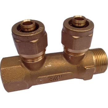 Fordelerrør 3/4' med fast muffe - 2 afgreninger 15 mm