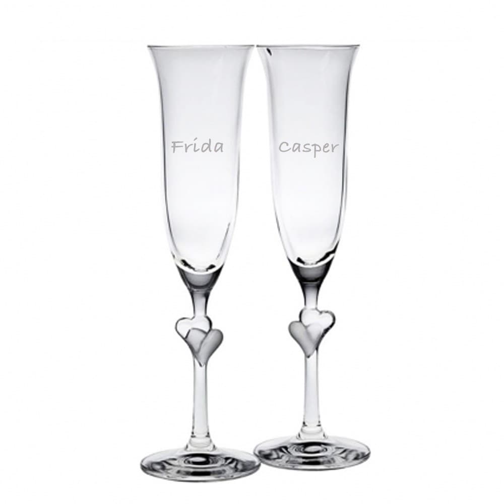 Champagneglas med hvide hjerter på stilk - perfekt til bryllup - Bryllupsgave med gravering