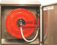 Falck slangeskab model 6SW rustfri. AISI 304. til frembygning i rustfrit st�l med skr� top og bund med 30 mtr. DN19 sort gummislange