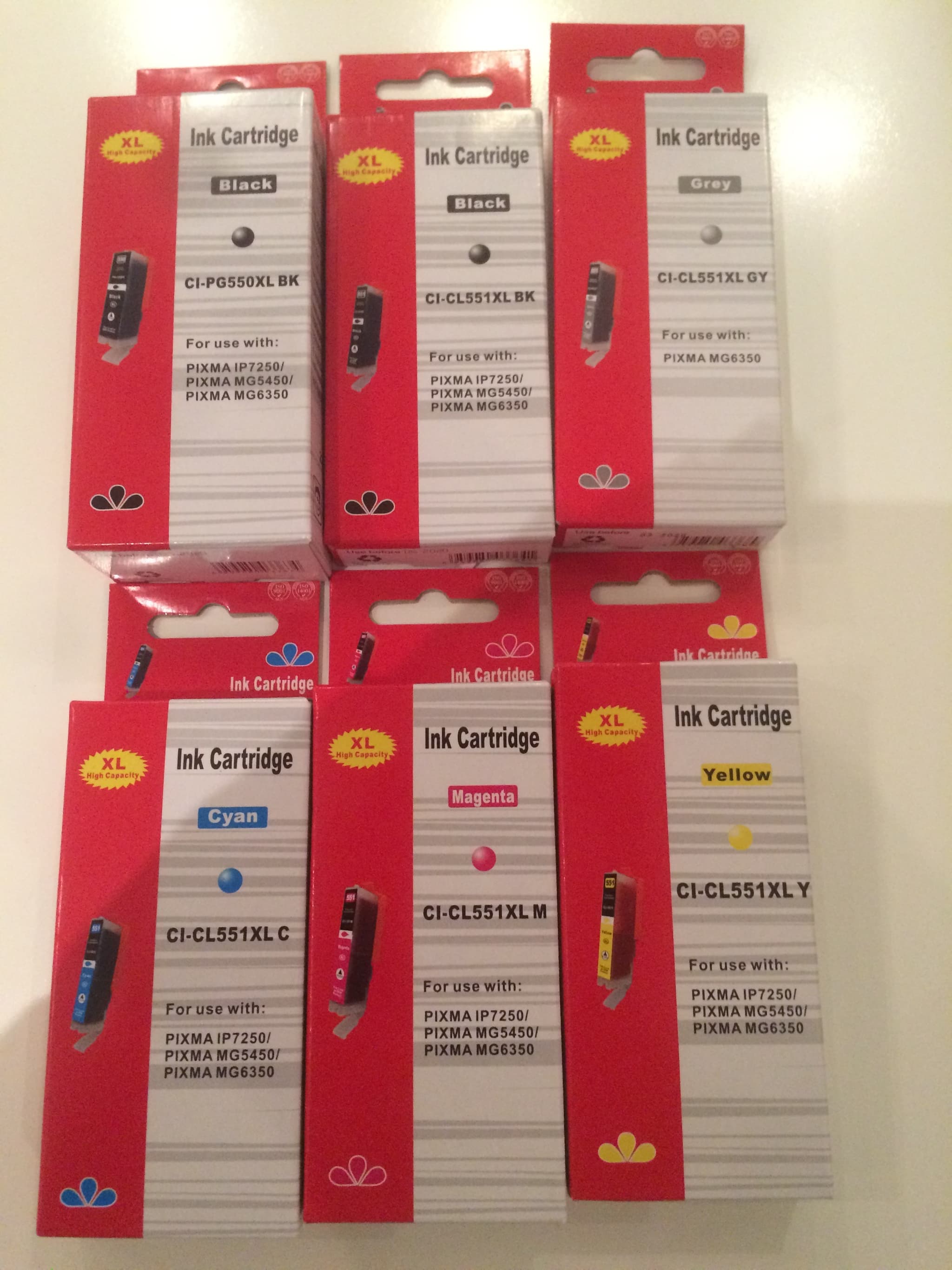 1 sæt (6 stk.) PGI 550XL BK, CLI 551XL BK,C,M,Y & GY, kompatible patroner m/chip