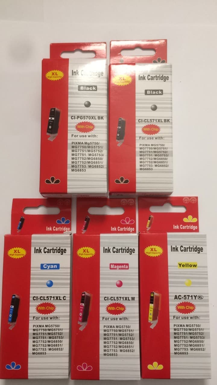 Sæt (5 stk) PGI-570XL BK og CLI-571XL BK,C,M og Y, Kompatible blækpatroner