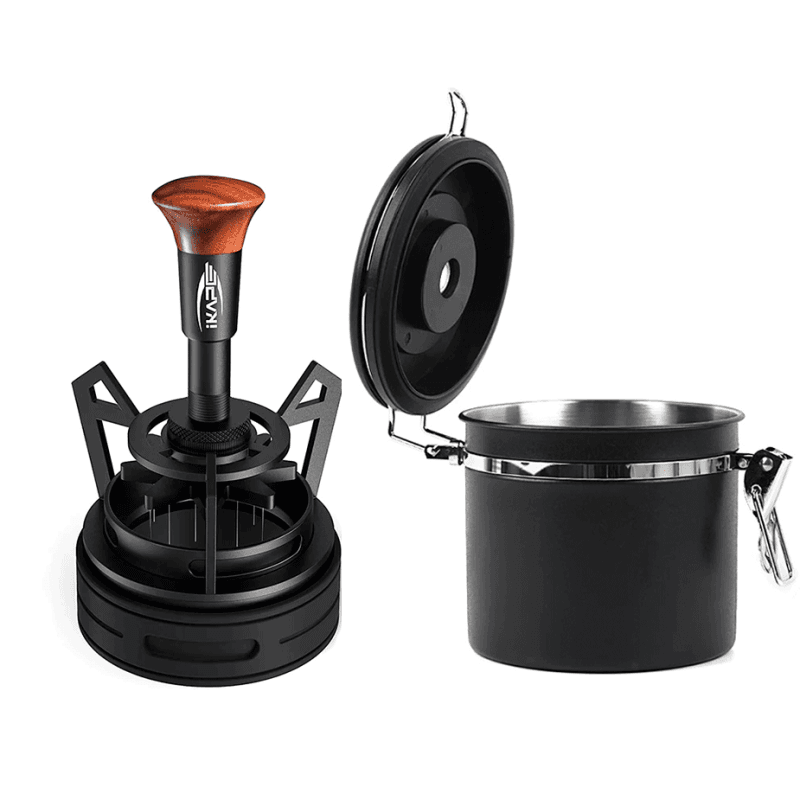 IKAPE V3 Springback Roterende WDT Tool 58 mm Valnød Inkl. Kaffebeholder Sort 600g