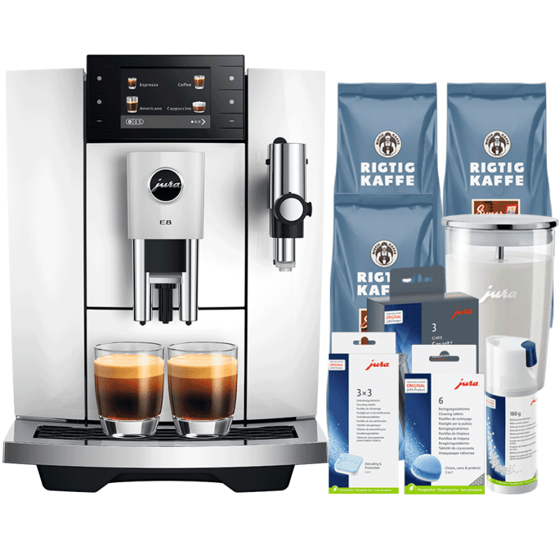 Jura E8 (ED) Piano White Espressomaskine Inkl. Startpakke (DK sprog), Pleje, Filtre, Mælkebeholder & 3kg Super Crema