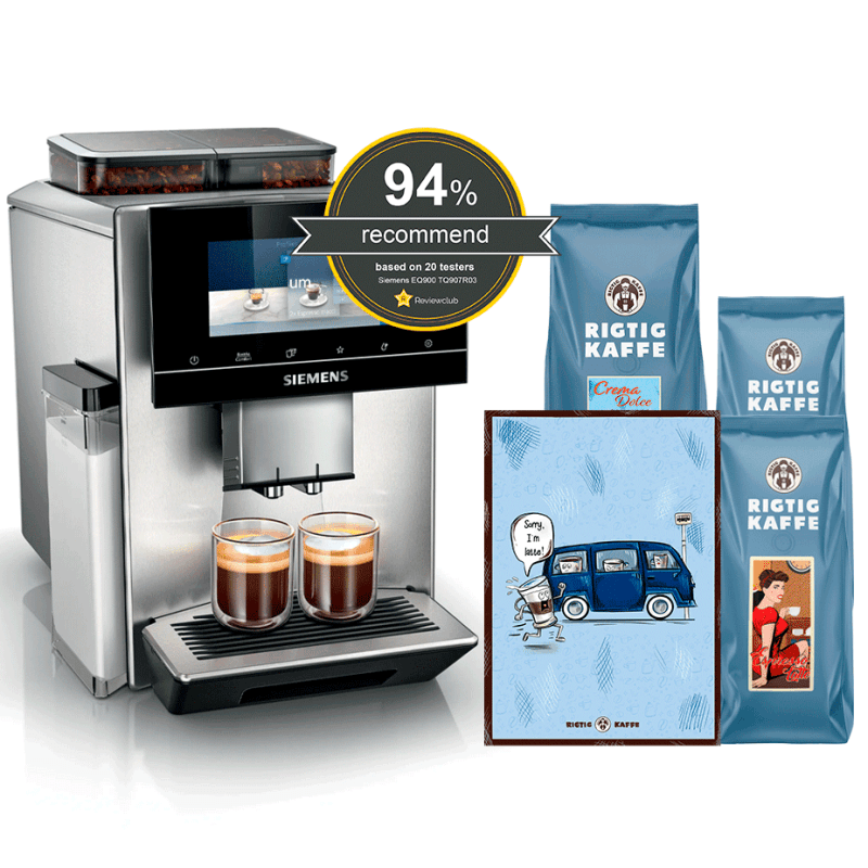 Siemens TQ907R03 EQ900 s700 Espressomaskine Inkl. 2kg Rigtig Kaffe Hele kaffebønner & Kaffeplakat SORRY I'M LATTE 21x30cm