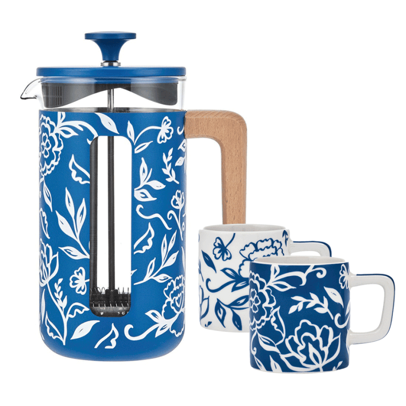 La Cafetière Pisa 8 Kop. Stempelkande Blu Fiorato Inkl. Keramisk Espressokop 12 cl 2 Stk
