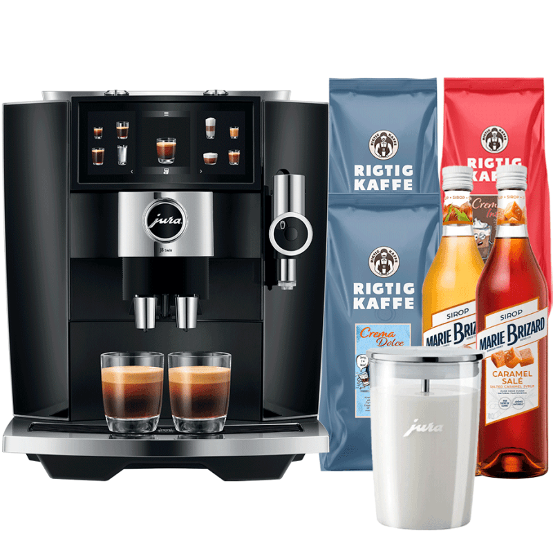 Jura J8 Twin (EA) Diamond Black Inkl. Startpakke, Mælkebeholder, 3kg Rigtig Kaffe, Hasselnød & Saltkaramel Sirup