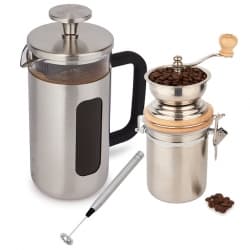 La Cafetière Pisa 8-kop Presskanna Rostfritt Stål, Kaffekvarn och Mjölkskummare