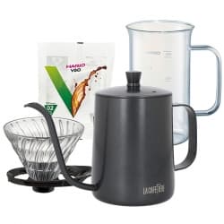 La Cafetière Vattenkokare 0,6 L Svart och Hario glasdripper, Craft Science Mätkanna och Pappersfilter