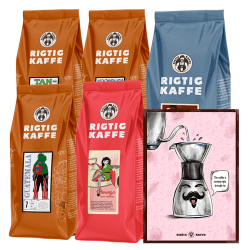 Rigtig Kaffe Mixpaket 2,7 kg Hela kaffebönor Inkl. Kaffeposter Rigtig Kaffe POUR OVER 21x30 cm