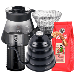 Pour Over Set inkl. IKAPE Kittel med Termometer 1,2 L, Hario V60 Server, Glasdripper 2 Koppar, Kaffekvarn & 500 g Kaffe