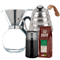 IKAPE Pour-Over Kittel 1,2L Stål Inkl. La Cafetiére Pour Over 8 Koppar, Kaffekvarn & Rigtig Kaffe Organic Chanchamayo 400g