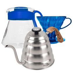 Hario V60 Filterbrygg Set Blå Inkl. Range Server 0,6 L, Dripper 2 Koppar, IKAPE Pour Over Kittel med Termometer 1,2 L & Filter