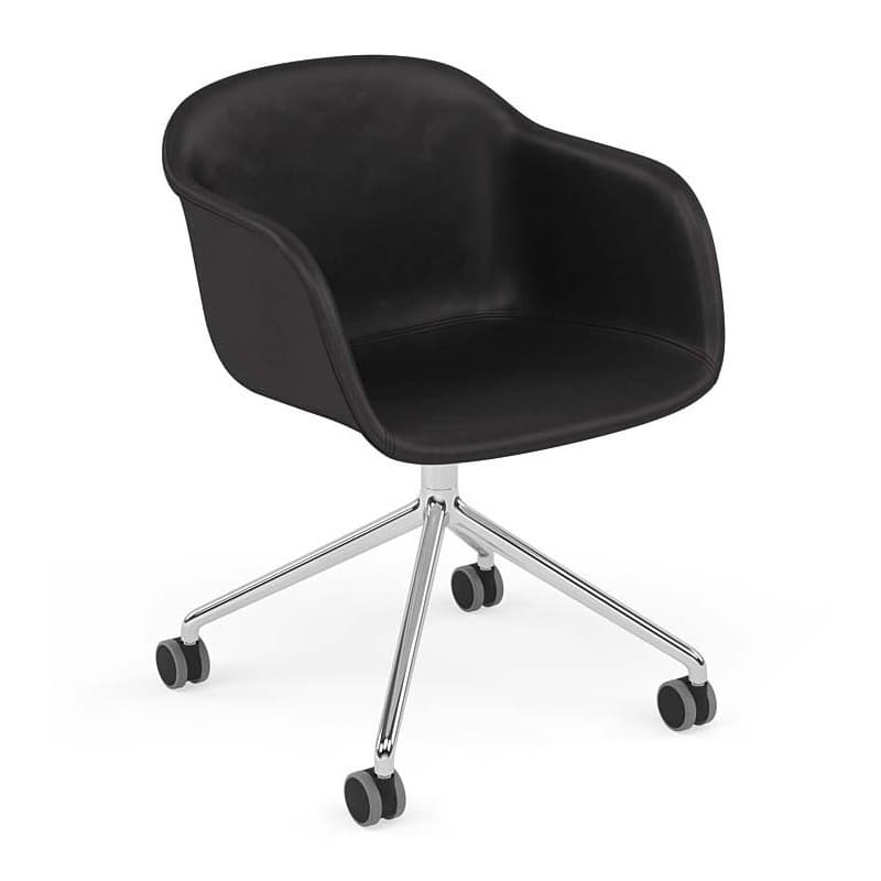 Muuto Fiber Armchair Dreje- og Hjulstel Polstret Refine Leather, Sort