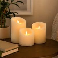 LED bloklys med bevgelig flamme, hvid, 10 cm, 3 stk, inkl. fjernbetjening og timer, gte stearin